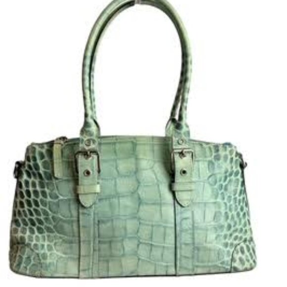 Vintage Dooney & Bourke Mint Green Croc Embossed Leather Satchel Structured Tote - Picture 2 of 14